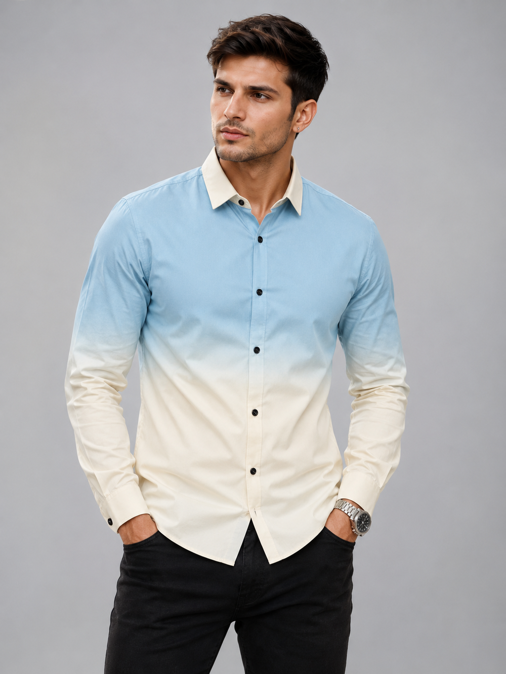 Men’s Sky Blue Ombre Slim Fit Casual Premium Full Sleeve Cotton Blend Shirt