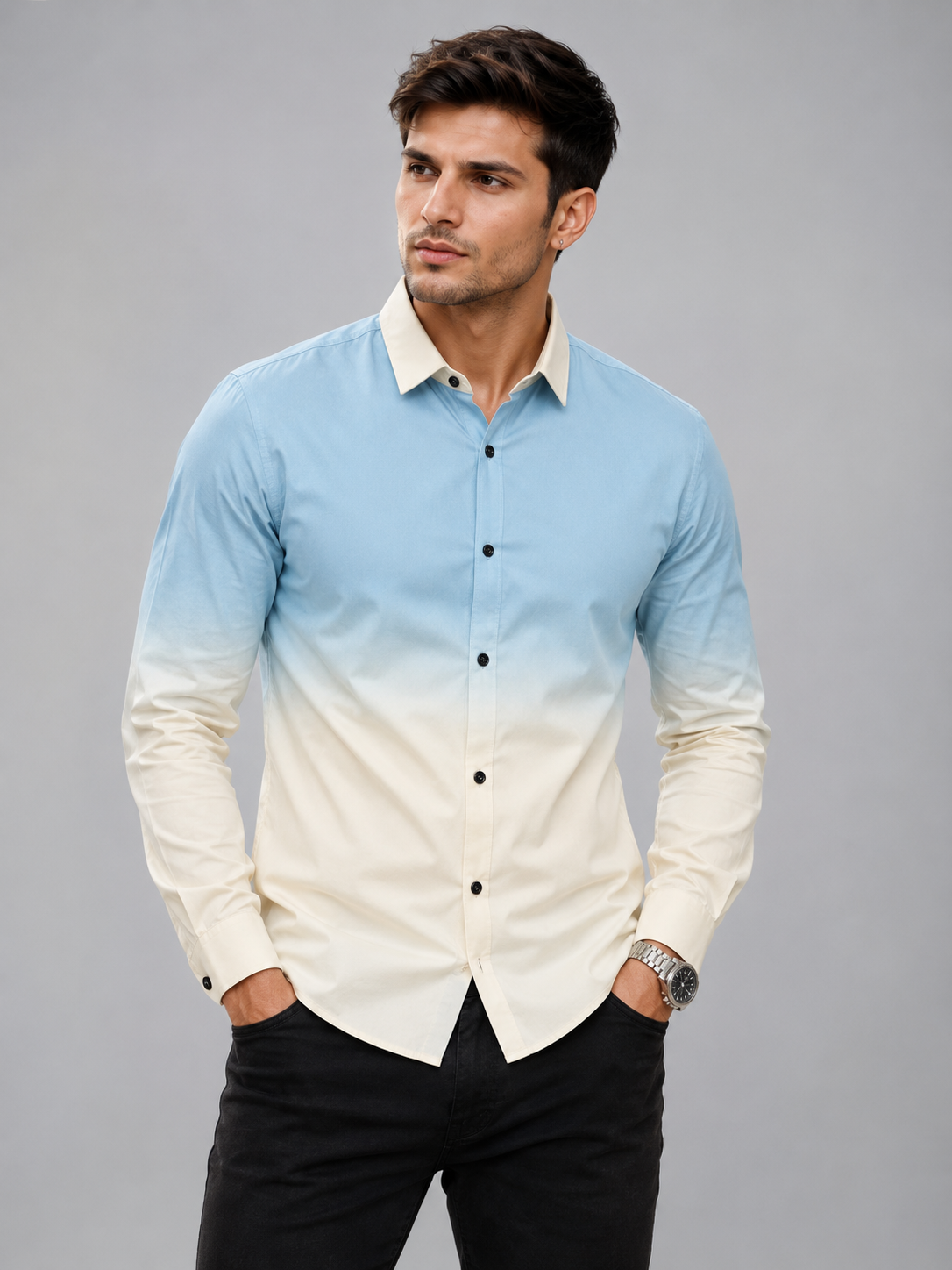 Men’s Sky Blue Ombre Slim Fit Casual Premium Full Sleeve Cotton Blend Shirt