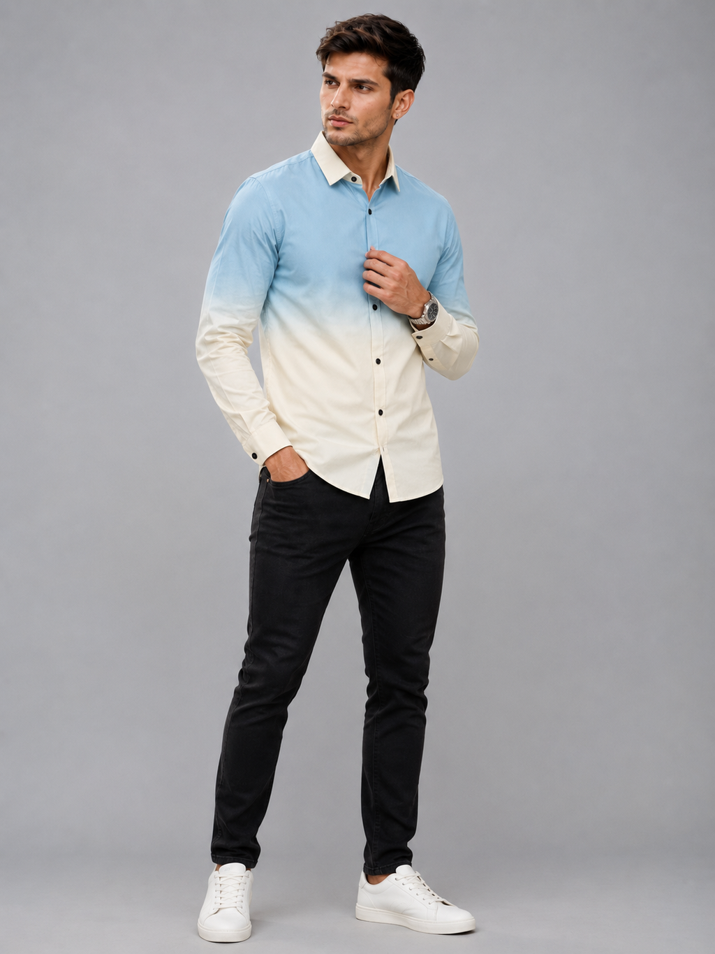 Men’s Sky Blue Ombre Slim Fit Casual Premium Full Sleeve Cotton Blend Shirt