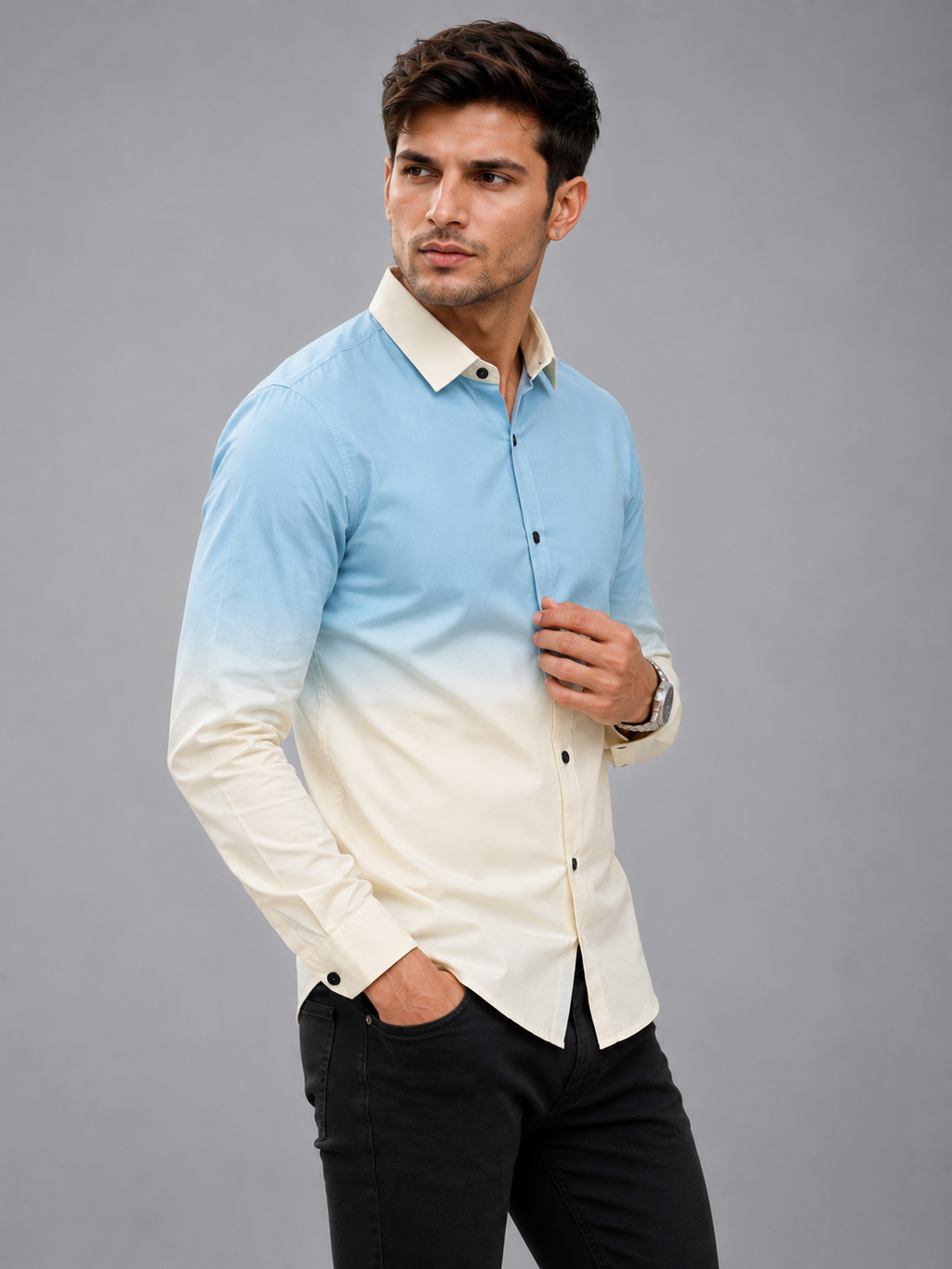 Men’s Sky Blue Ombre Slim Fit Casual Premium Full Sleeve Cotton Blend Shirt