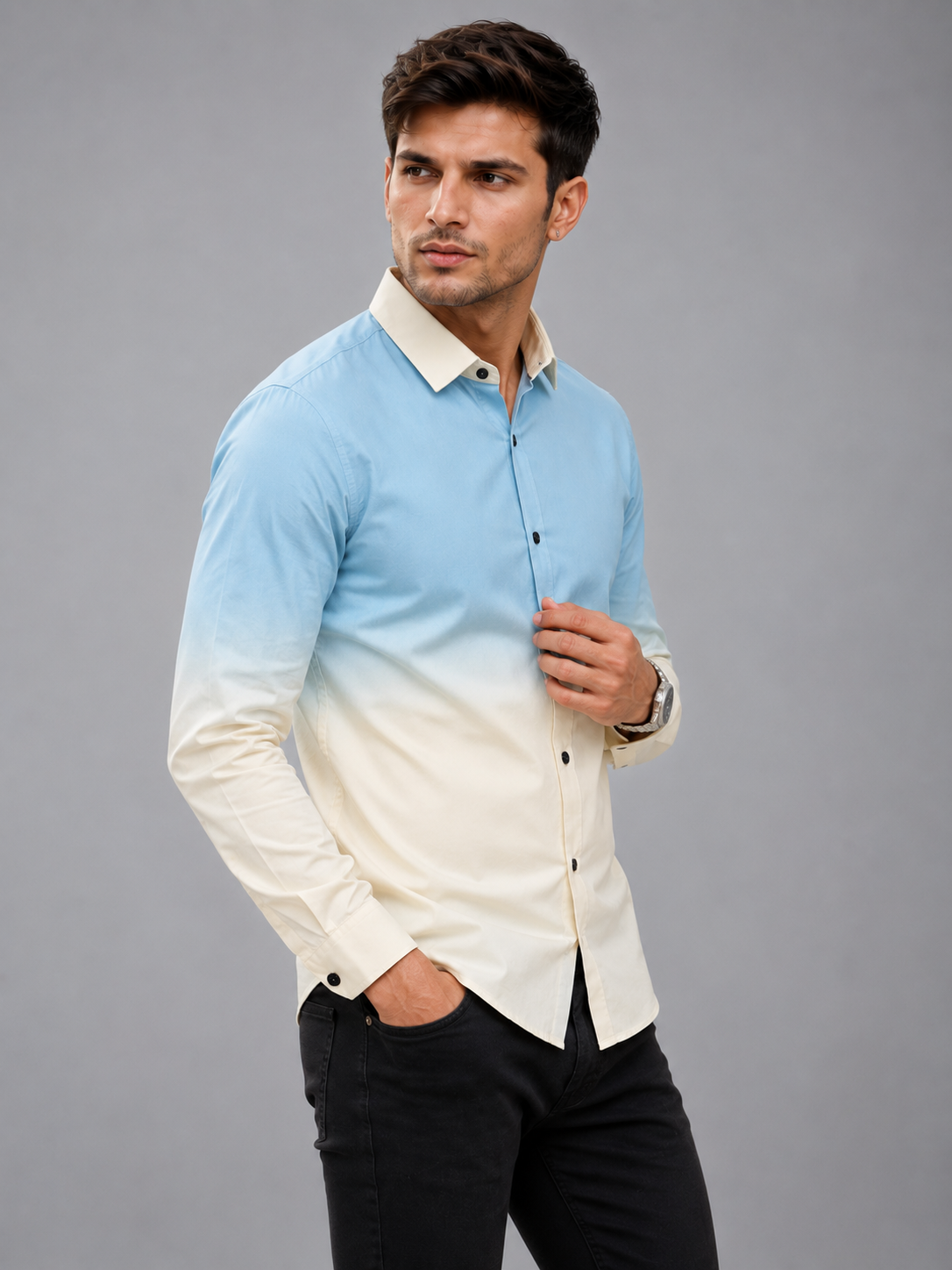 Men’s Sky Blue Ombre Slim Fit Casual Premium Full Sleeve Cotton Blend Shirt